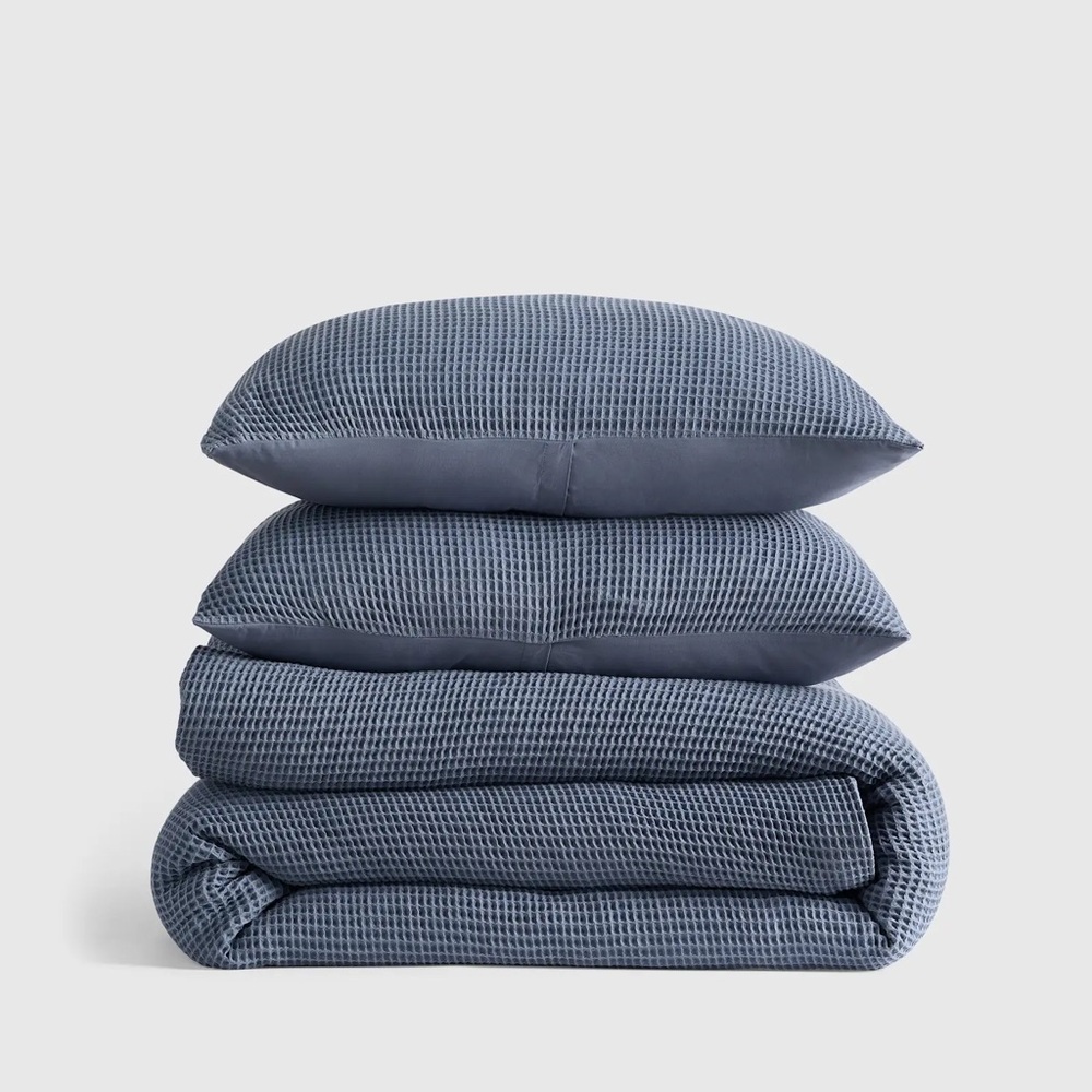 NWT QUINCE Organic Luxe Waffle/Honeycomb Duvet Cover Set - Indigo -Twin